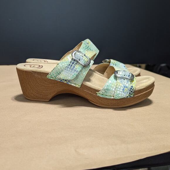Dansko Sophie Sandals Double Strap Snake Print Yellow Blue Green Womens 10 Boho - Picture 2 of 9
